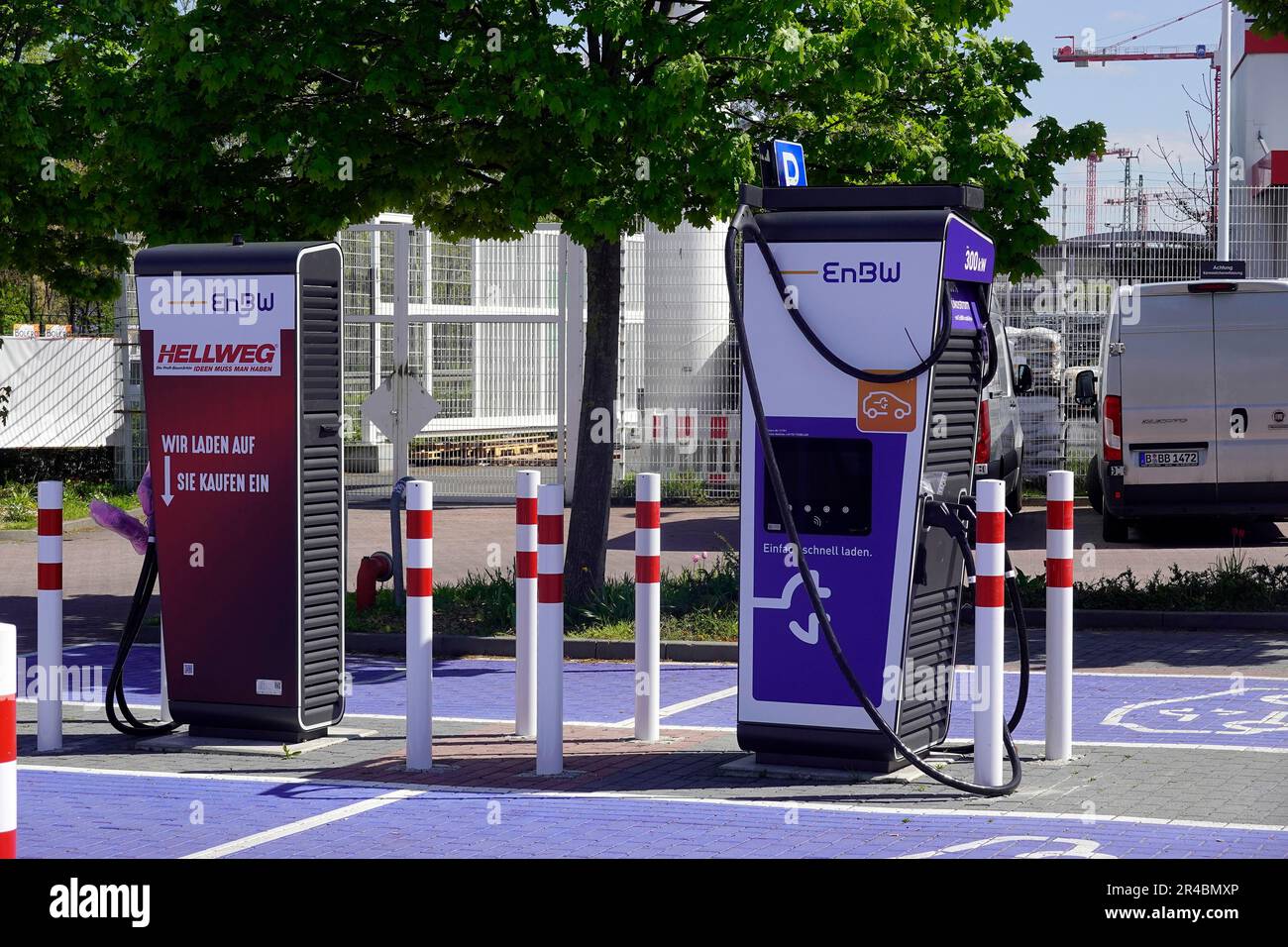 Two charging stations from EnBW for electric cars in the car park of Hellweg, DIY store, Berlin
