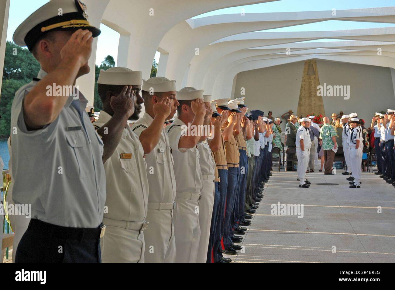 US Navy  U.S. military service members from all branches salute in honor of USS Arizona survivor Kenneth Edmondson. Stock Photo