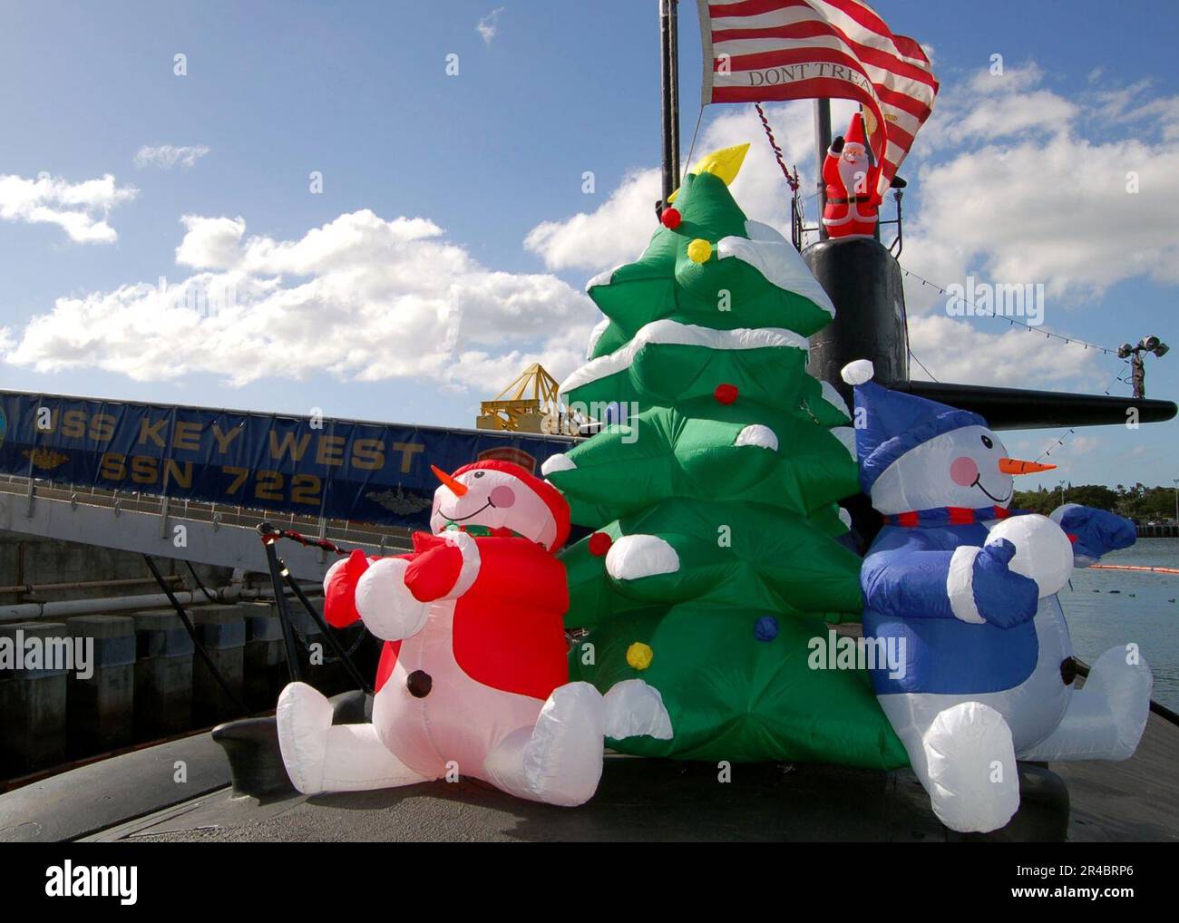 US Navy Christmas decorations adorn the deck of the Los Angelesclass