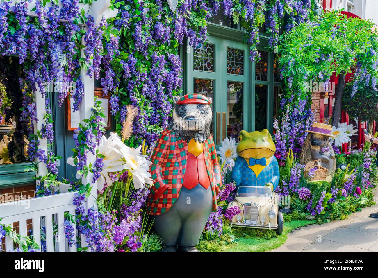 LONDON, UK - MAY 24, 2023: A spectacular floral display decorates window of The Ivy restaurant in Chelsea during Chelsea in Bloom annual floral art sh Stock Photo