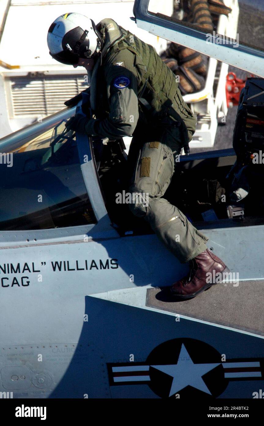 US Navy Commander, Carrier Air Wing One Four (CVW-14), Capt. exits an F ...