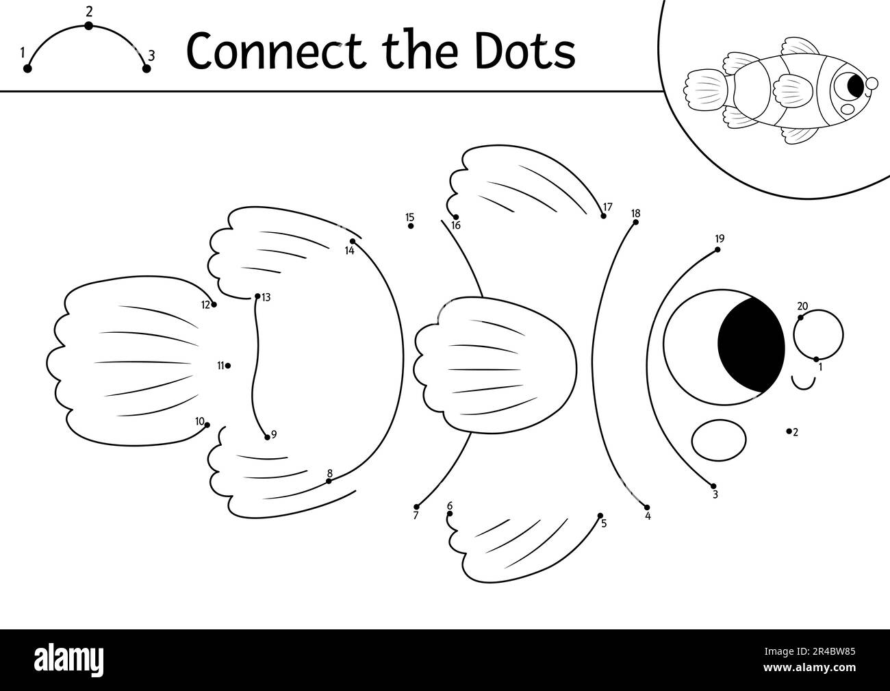 Vector dot-to-dot and color activity with cute clown fish. Under the