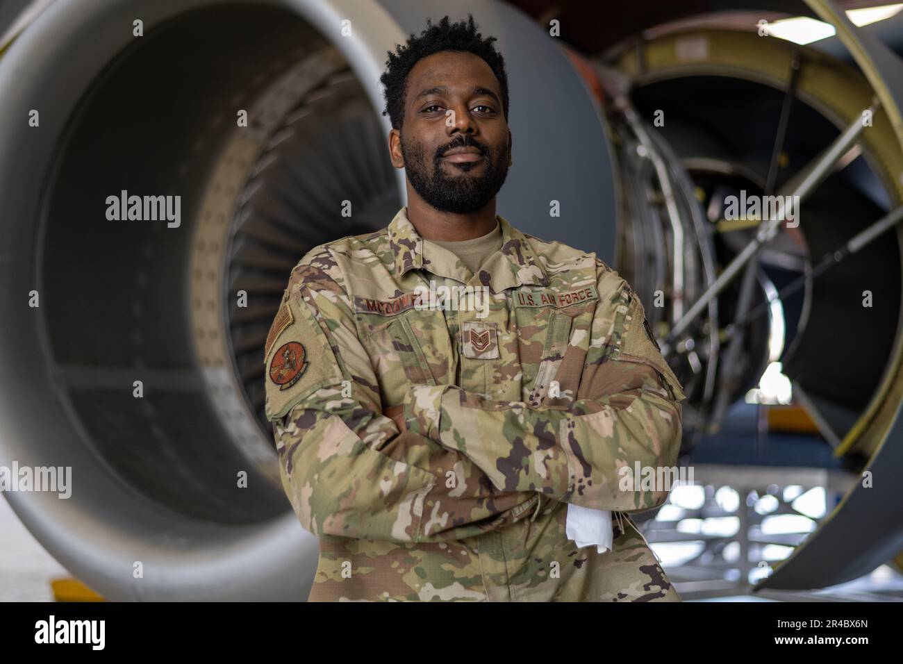 U.S. Air Force Tech Sgt. Anthony McDowel, 6th Aircraft Maintenance Squadron integrated communication and navigation craftsman, poses for a photo at MacDill Air Force Base, Florida, Feb. 21, 2023. Integrated communication and navigation Airmen are responsible for inspecting, removing and installing integrated avionics systems onto their assigned aircraft. Stock Photo