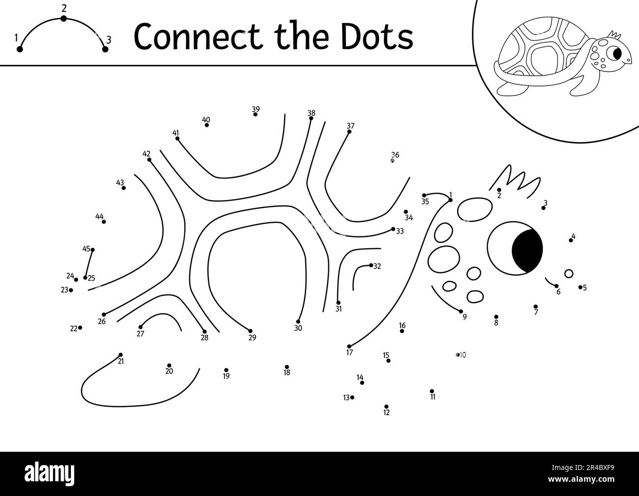 Vector dot-to-dot and color activity with cute tortoise. Under the sea connect the dots game for children with funny water animal. Ocean life coloring Stock Vector