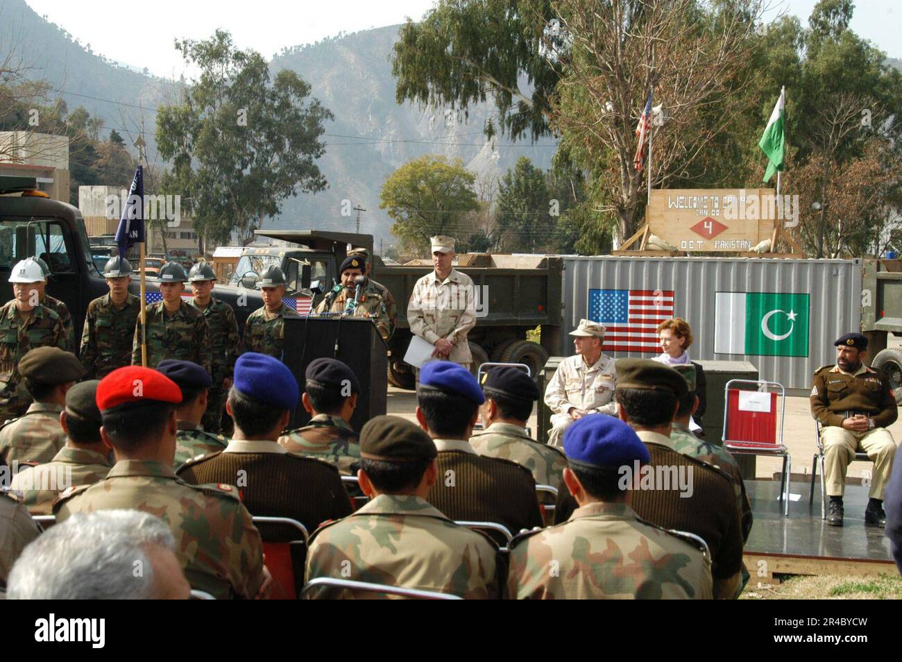 US Navy  Director, General Pakistan Army Engineers, Major Gen. speaks at a ceremony where U.S. Navy Mobile Construction Battalion Four (NMCB-4) Seabees turned over $2.5 million worth of construction eq. Stock Photo