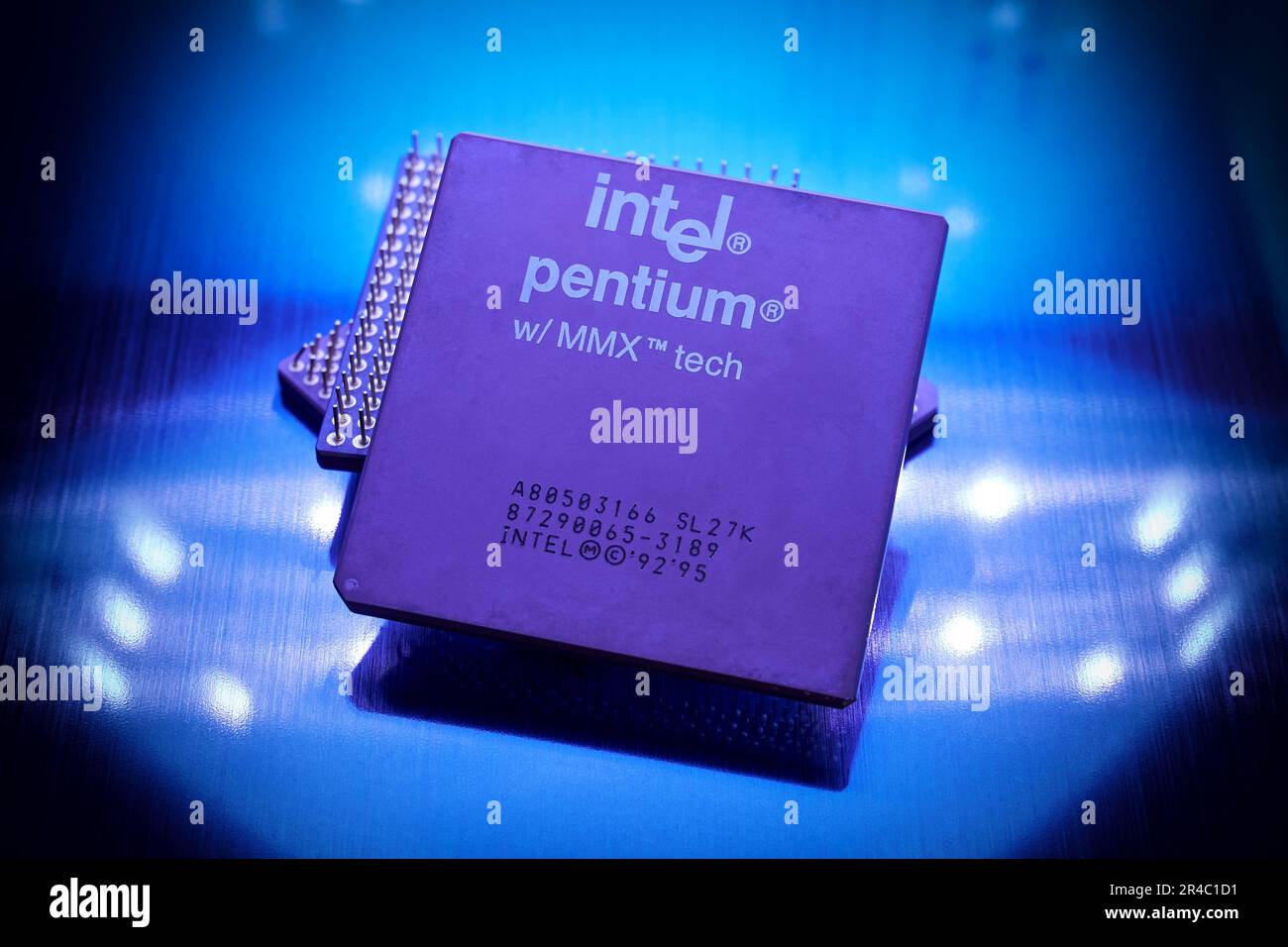 Intel Pentium MMX microprocessor close-up. Early Intel Pentium CPU Stock Photo