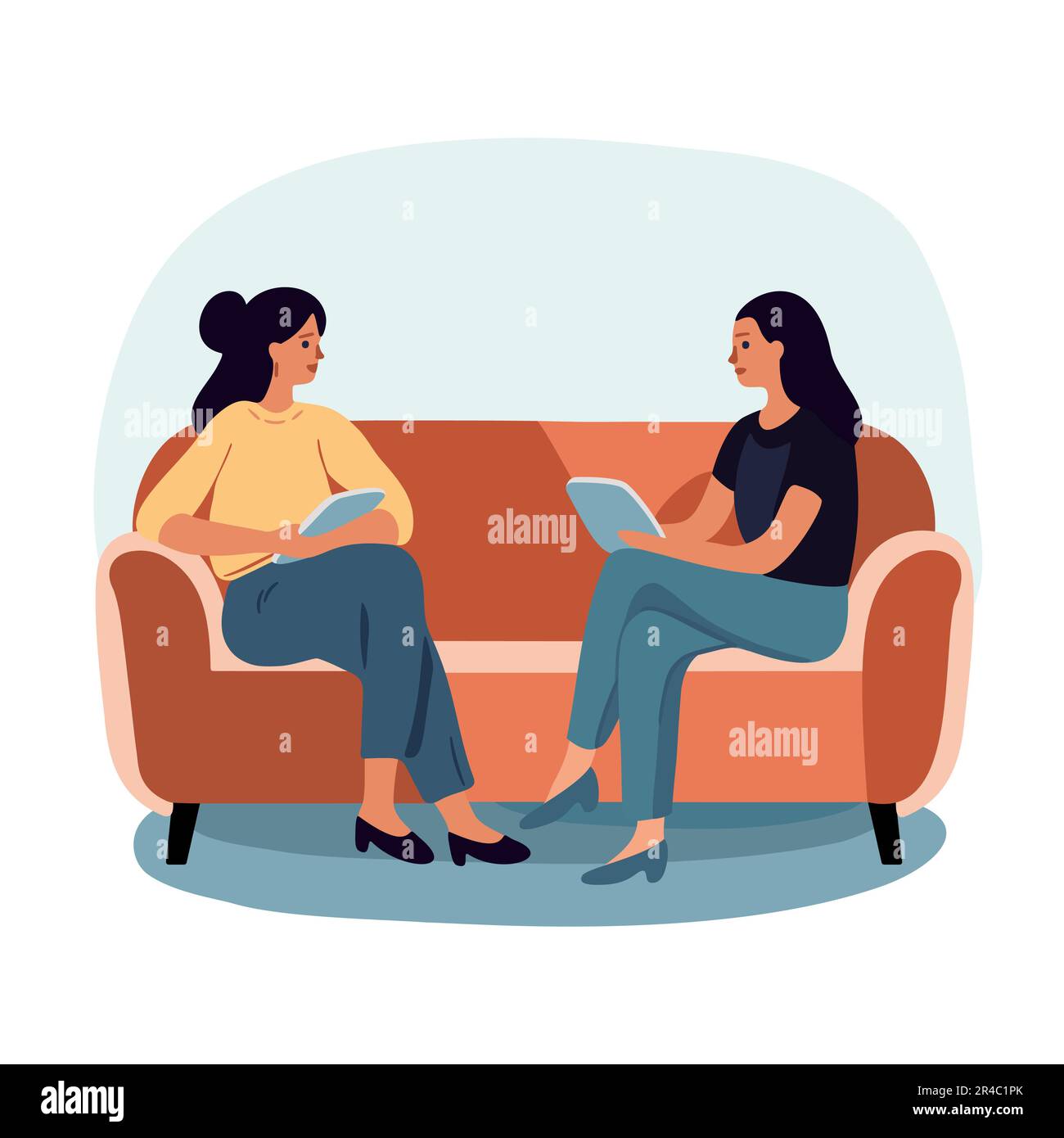 Two women dressed casually sitting on a sofa and having conversation. Vector illustration in cartoon style Stock Vector