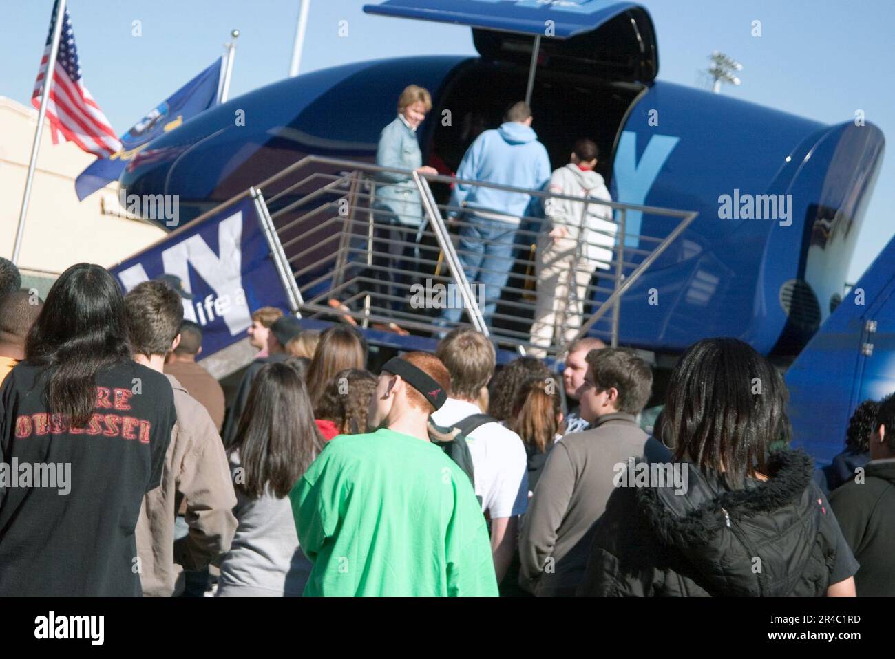 US Navy  Agua Fria High School students stand in line to experience the Navy's Blue Angels F-A-18 flight simulator. Stock Photo