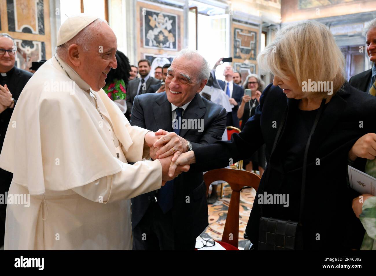 Vatican, Vatican. 27th May, 2023. Italy, Rome, Vatican, 2023/5/27. Pope Francis greets Martin Scorsese and wife Helen Morrisduirng in audience with participants at conference sponsored by La Civiltà Cattolica and Georgetown University at Vatican Photograph by Vatican Media /Catholic Press Photo . RESTRICTED TO EDITORIAL USE - NO MARKETING - NO ADVERTISING CAMPAIGNS. Credit: Independent Photo Agency/Alamy Live News Stock Photo