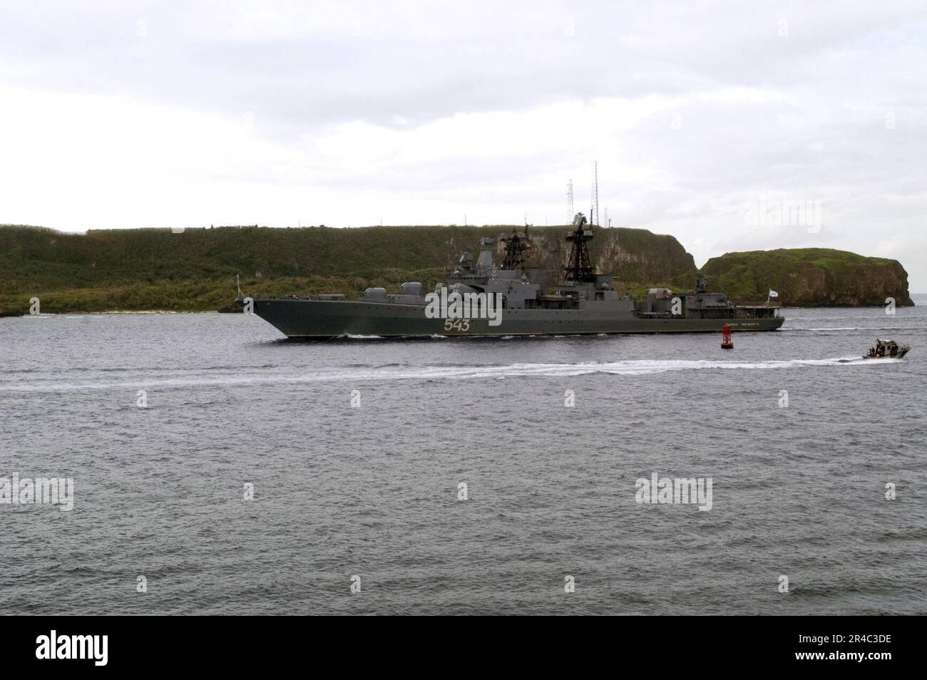 US Navy  The Russian Federated Navy (RFN) ship Marshal Shaposhnikov, navigates through Apra Harbor. Stock Photo