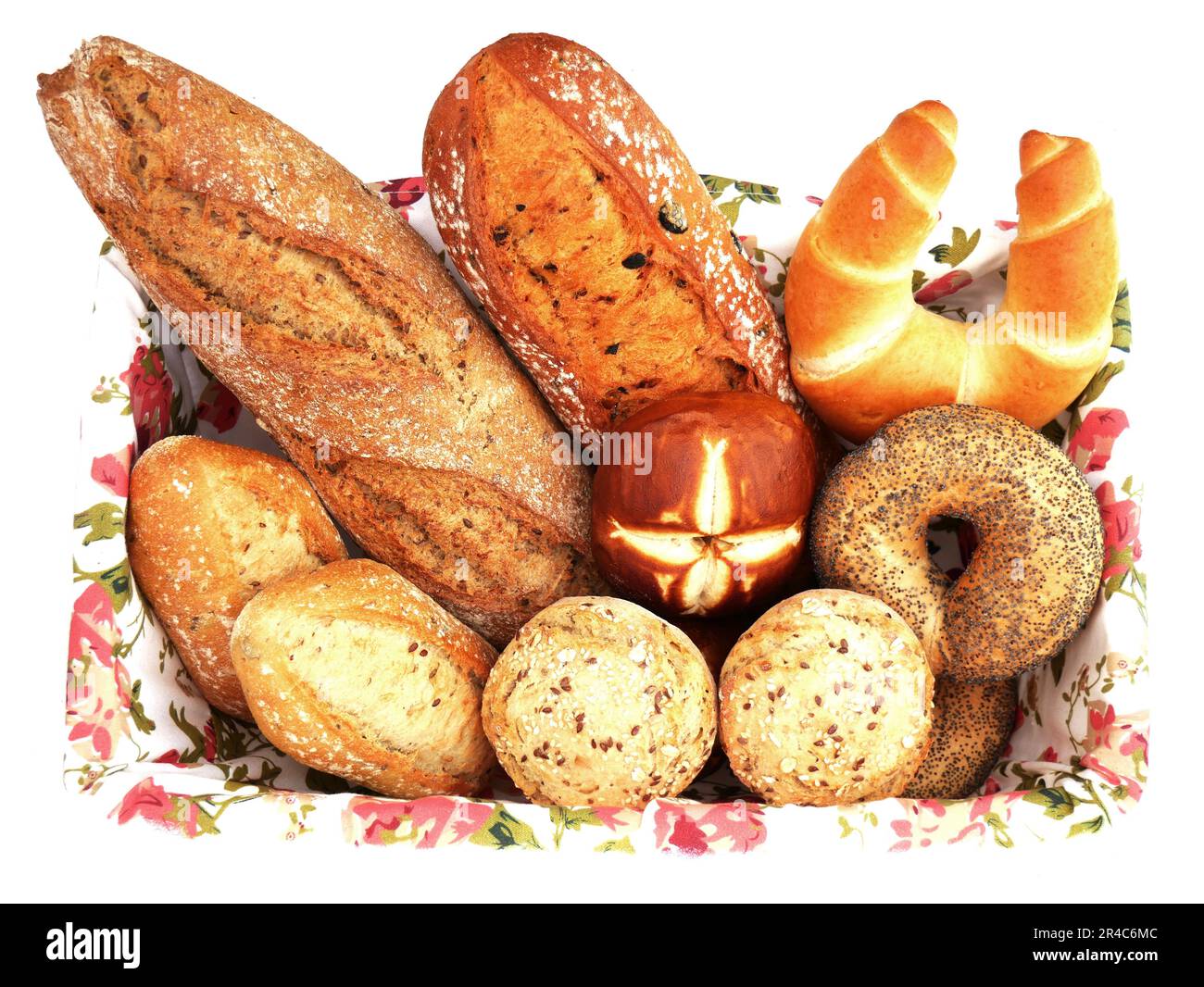Basket of fresh and crispy bread from natural ingredients enriched with cereal grains. Stock Photo