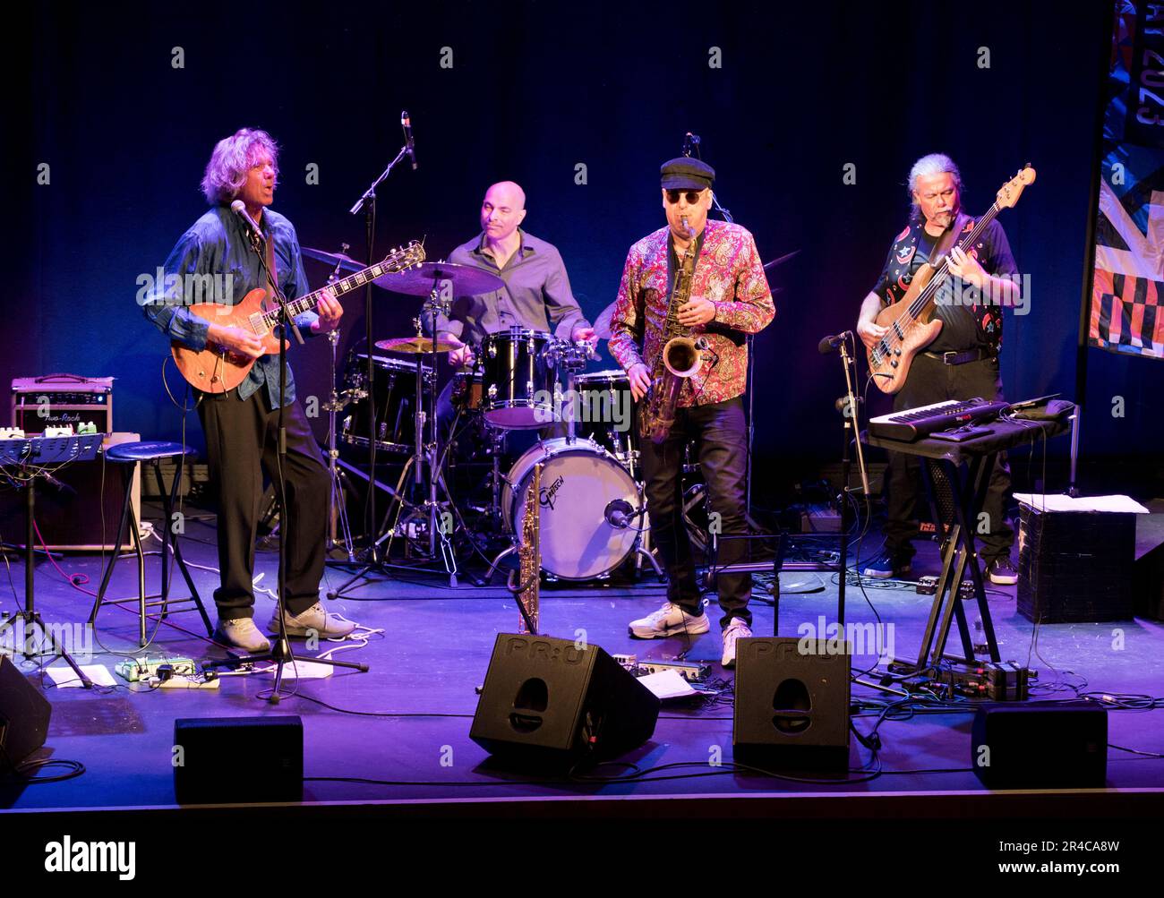 Veteran jazz-rock band Soft Machine, Leeds, 27 May 2023.  John Etheridge (gtr), Theo Travis (sax,keys), Asaf Sirkis (drums), Fred Baker (bass) Stock Photo