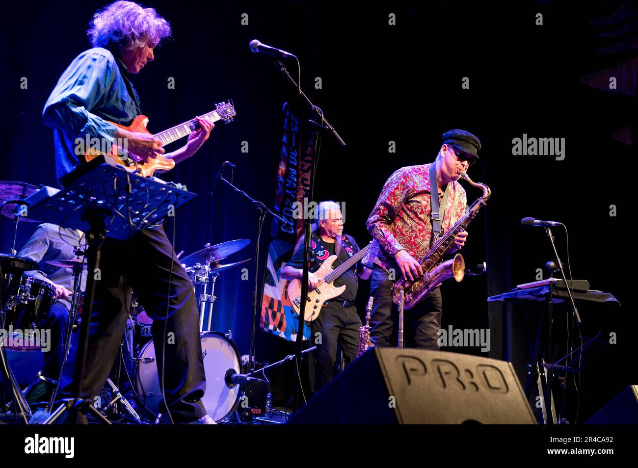 Veteran jazz-rock band Soft Machine, Leeds, 27 May 2023.  John Etheridge (gtr), Theo Travis (sax,keys), Asaf Sirkis (drums), Fred Baker (bass) Stock Photo