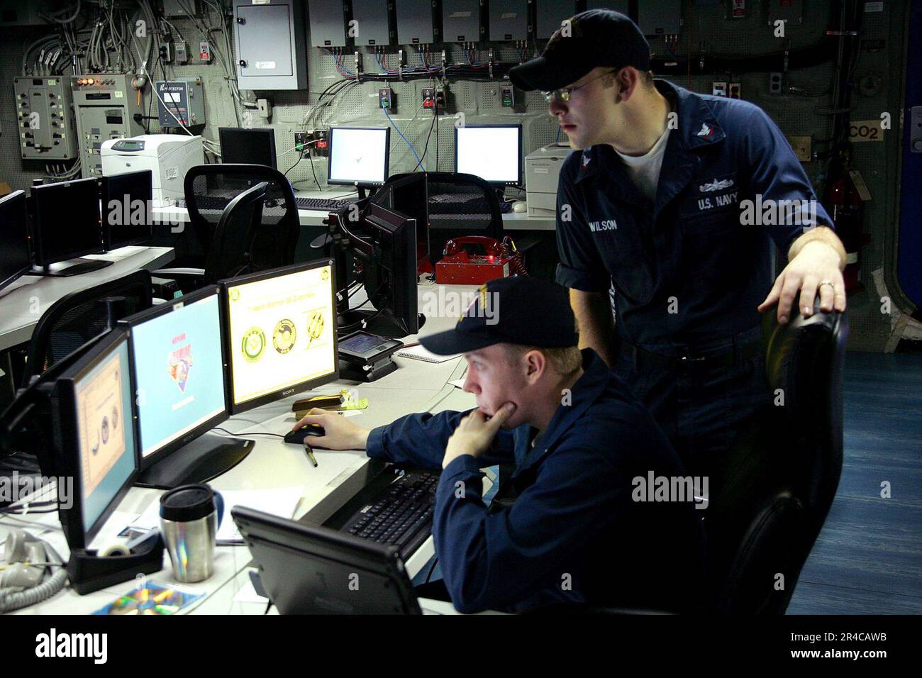 US Navy Sailors aboard the amphibious assault ship USS Bonhomme Richard