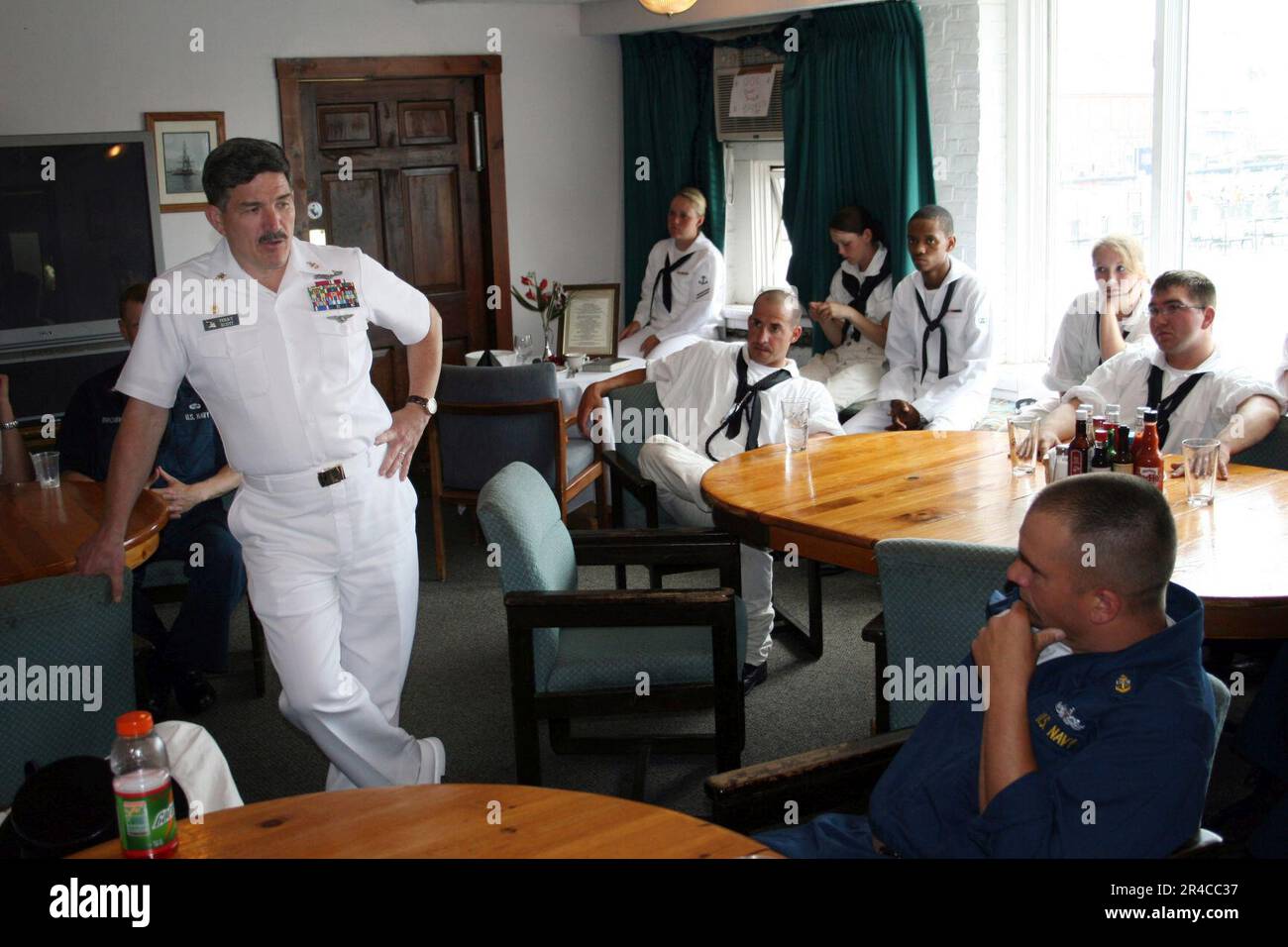 US Navy  Master Chief Petty Officer of the Navy (MCPON) Terry Scott holds his final all hands call as MCPON with the crew of USS Constitution in their dining facility. Stock Photo