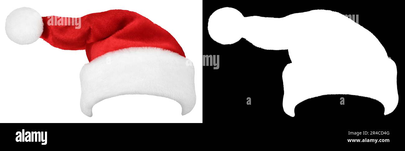 Santa Claus hat or Christmas red cap isolated on white background with clipping mask (alpha channel) for quick isolation. Easy to selection object. Stock Photo
