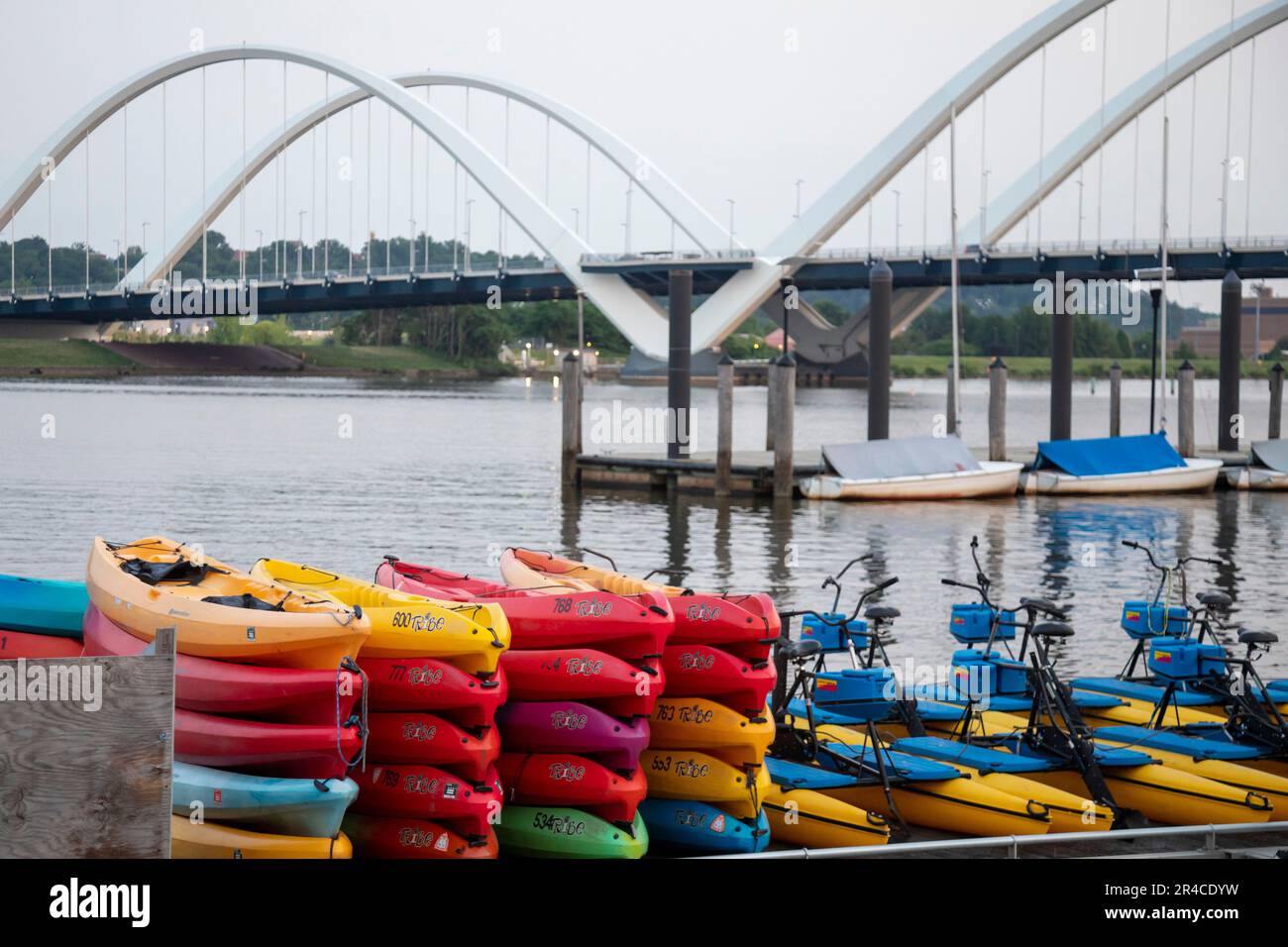 Washington, DC - Rental kayaks and peddle boats near the Frederick Douglass Memorial Bridge on the Anacostia River. Stock Photo