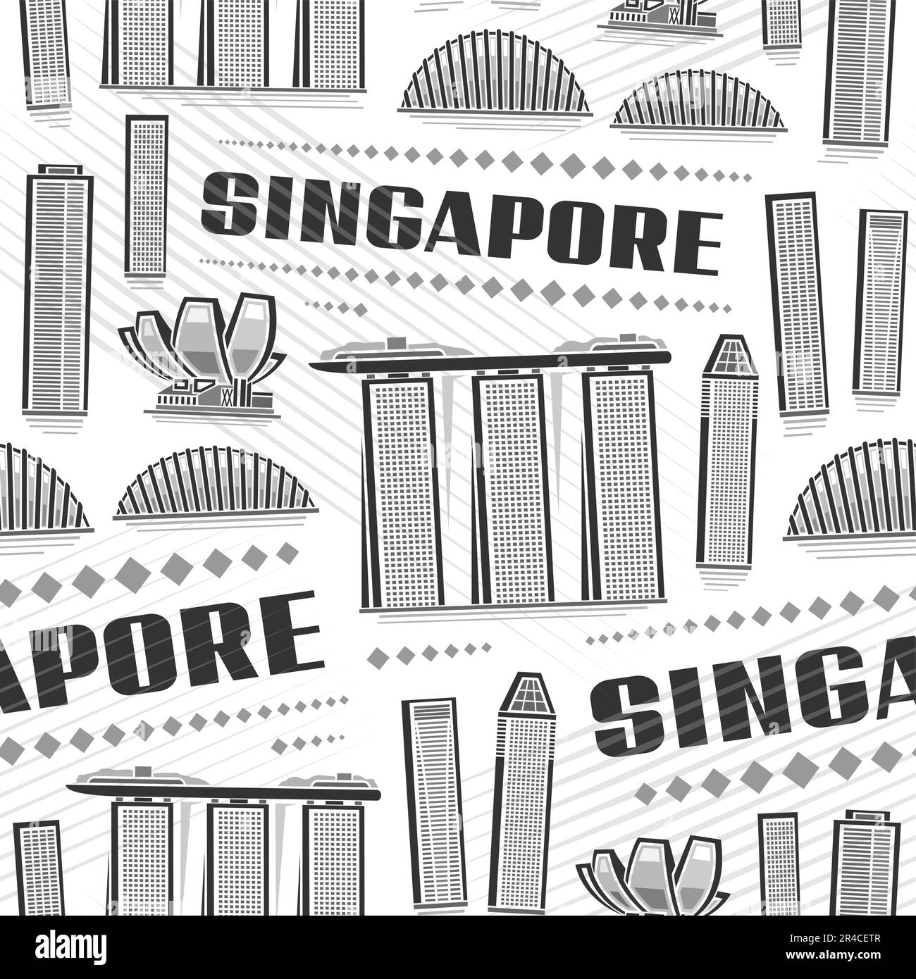 Vector Singapore Seamless Pattern, repeat background with illustration of famous singapore city scape on white background for wrapping paper, monochro Stock Vector