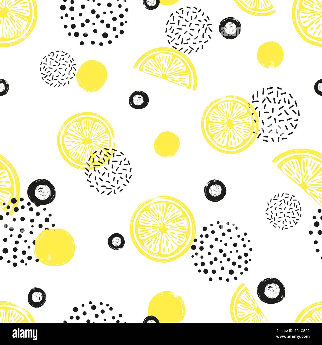 Abstract seamless lemon pattern in yellow and black color. Citrus Fruits and dots on white background. Stock Vector