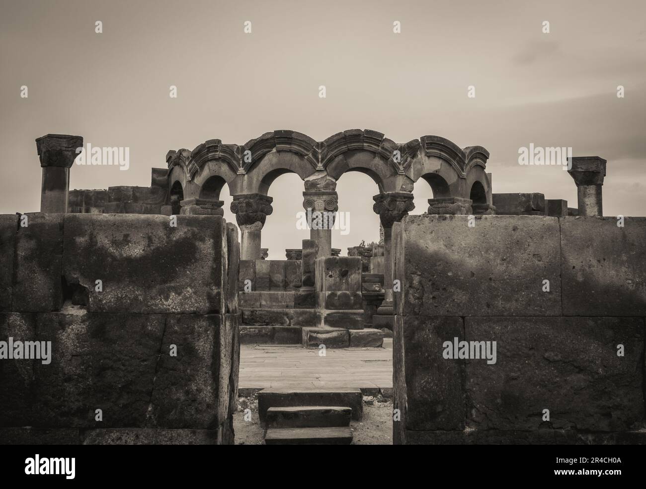 View of ancient column in Zvartnos temple in Armenia concept photo. Stock Photo