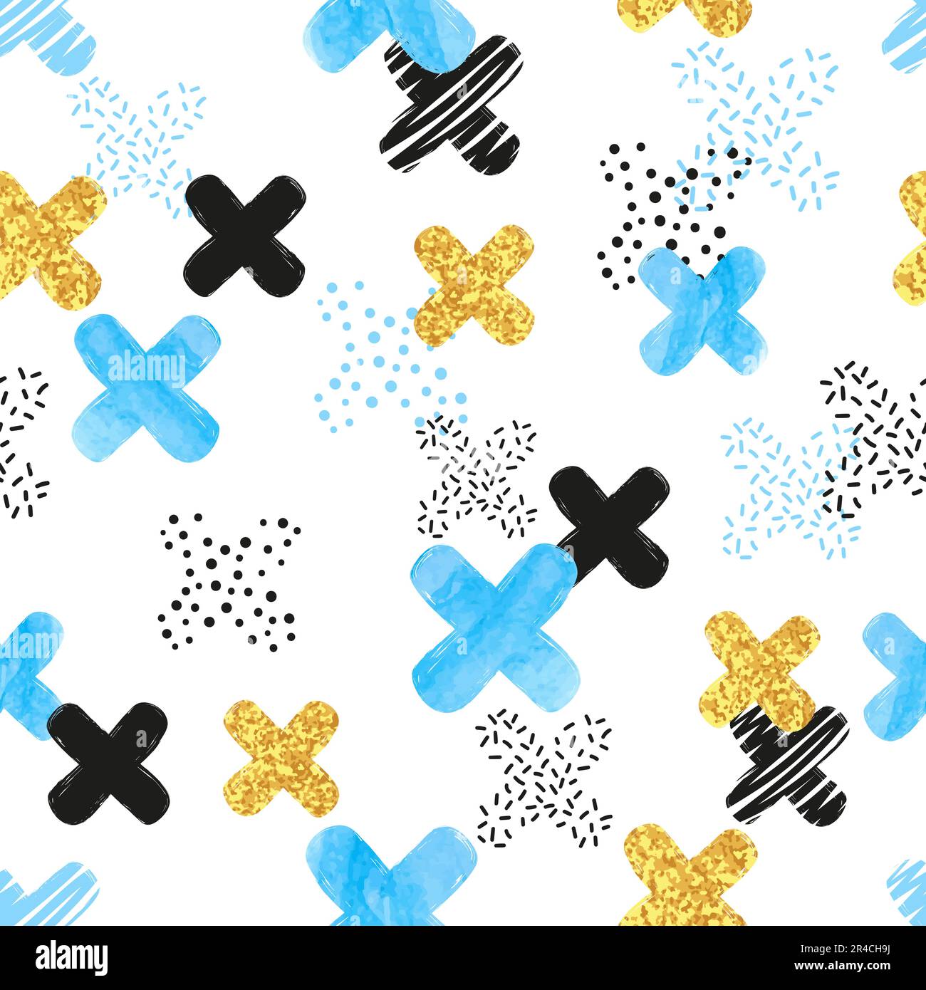 Seamless pattern with blue, black and golden cross. Vector abstract background. Stock Vector