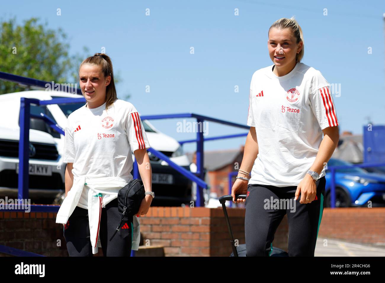 UK. 27th May, 2023. Liverpool, England, May 27th 2023: Ella Toone (7 Manchester United) and Alessia Russo (23 Manchester United) arrive before the FA Womens Super League football match between Liverpool and Manchester United at Prenton Park in Liverpool, England. (James Whitehead/SPP) Credit: SPP Sport Press Photo. /Alamy Live News Stock Photo