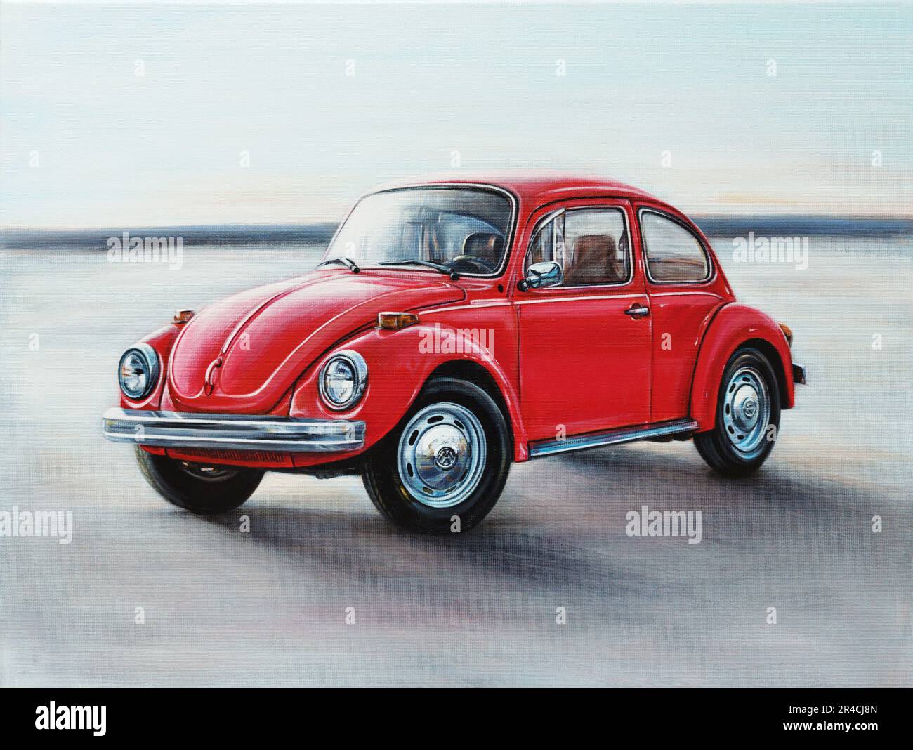 This beautiful acrylic painting on a 30x40 cm canvas depicts an elegant red Volkswagen Käfer Stock Photo