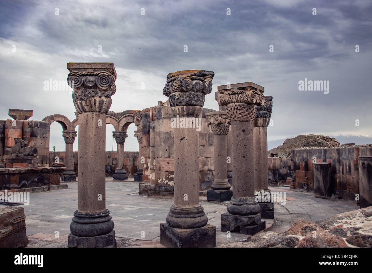 View of ancient column in Zvartnos temple in Armenia concept photo. Stock Photo