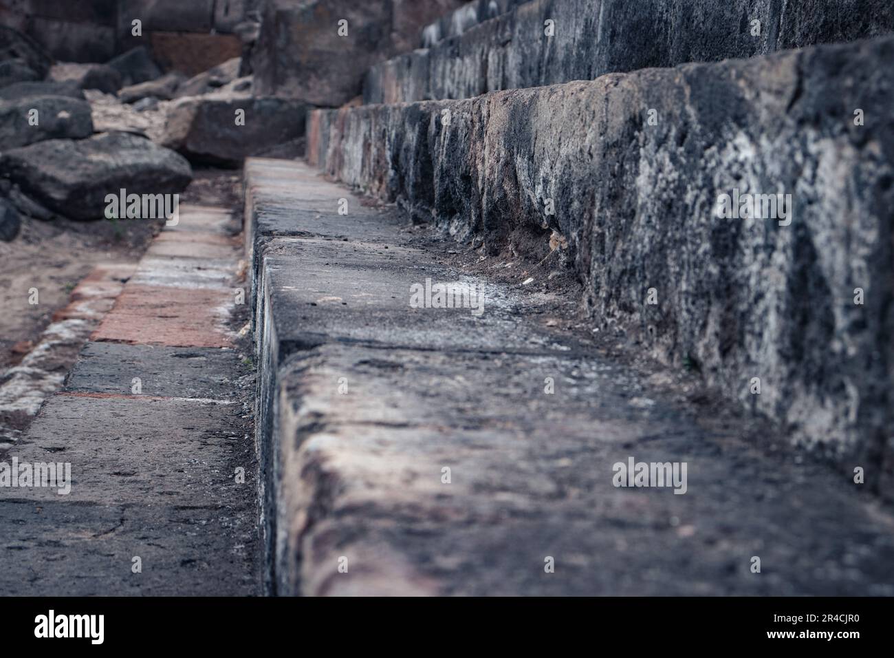 Ruins of an ancient Christian temple stairway close up photo. Stock Photo