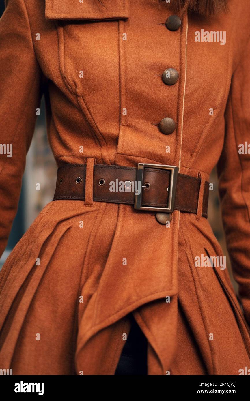 Fashion fancy details of bright orange autumn jacket with brown leather belt. Stylish clothing concept. Stock Photo