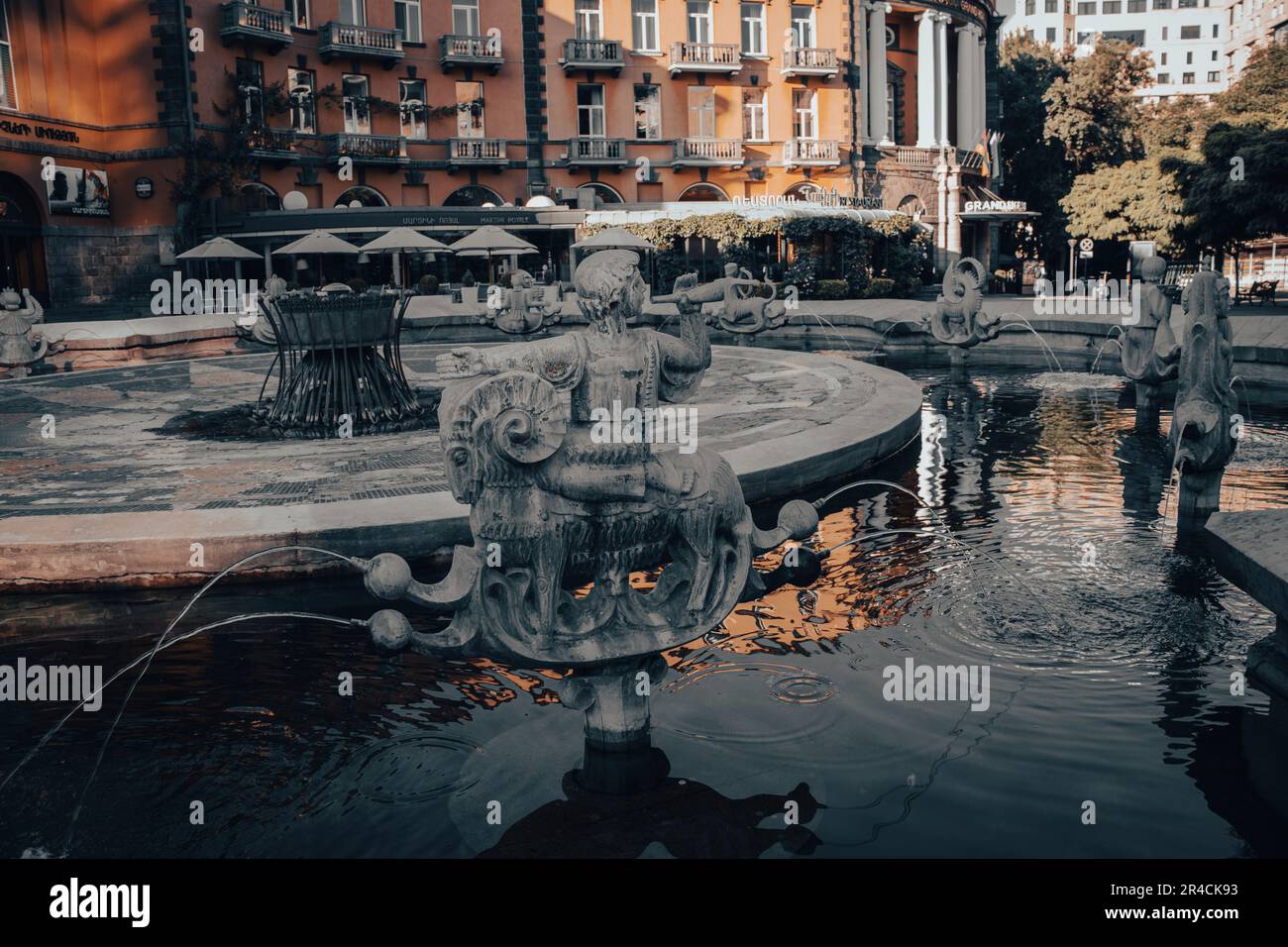 Old fountain with stone oriental statue of one of the streets of Yerevan. Magic country Armenia.  Stock Photo