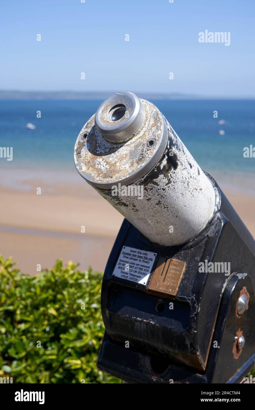 Telescope above North Beach, Tenby, Pembrokeshire, West Wales Stock