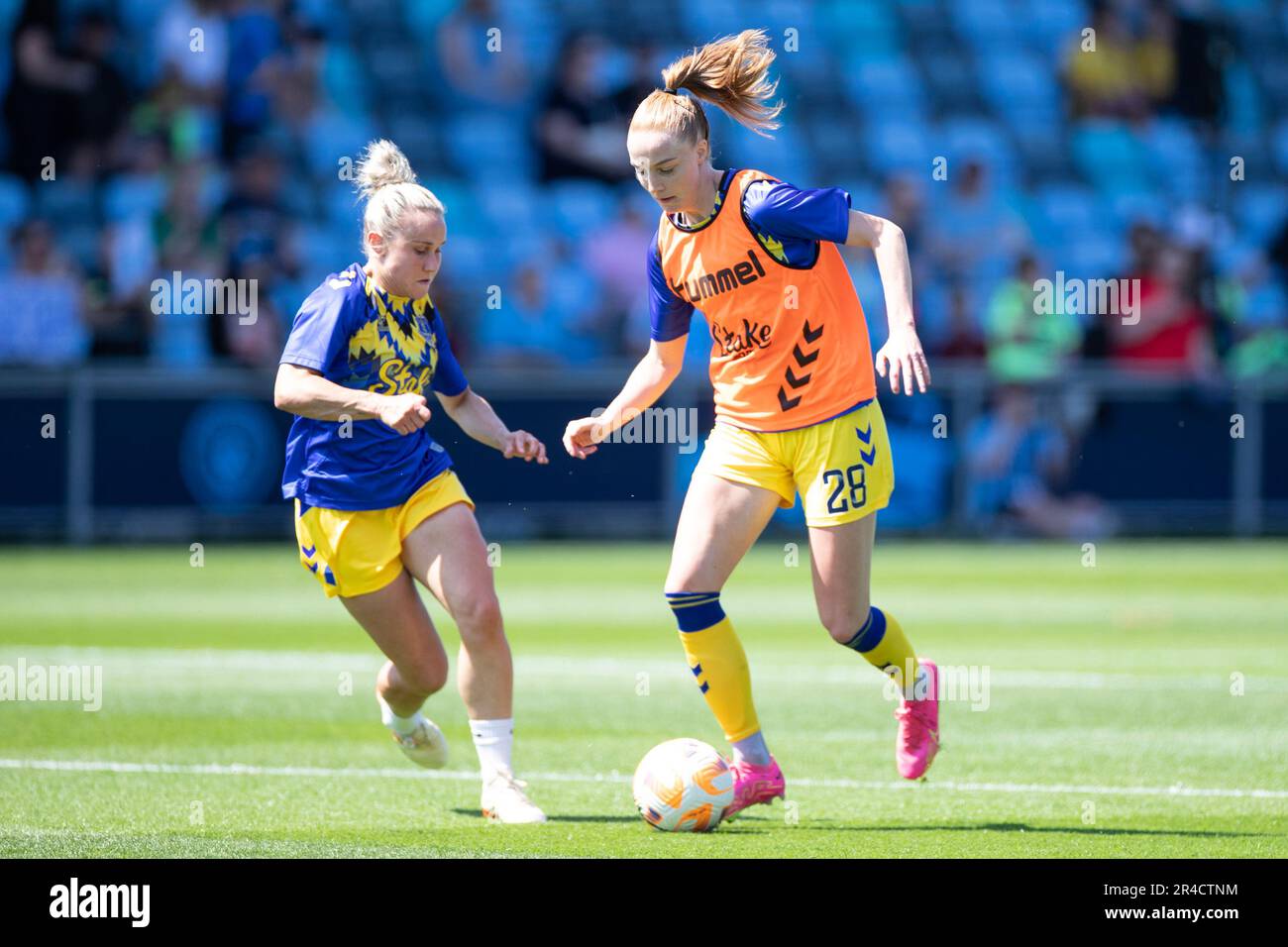 Manchester, UK. 27th May 2023. Karen Holmgaard #28 of Everton during the pre-match warm-up during the Barclays FA Women's Super League match between Manchester City and Everton at the Academy Stadium, Manchester on Saturday 27th May 2023. (Photo: Mike Morese | MI News) Credit: MI News & Sport /Alamy Live News Stock Photo