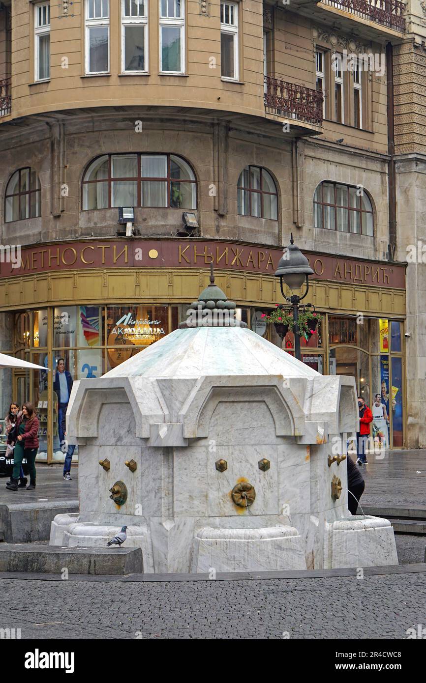Belgrade, Serbia - October 24, 2020: White marble Delija fountain at Knez Mihailova street by architect Aleksandar Deroko capital city. Stock Photo