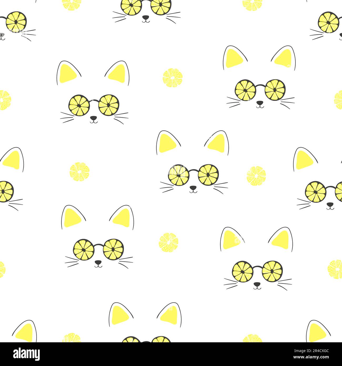 Seamless summer pattern with cute cats in sunglasses and lemons. Stock Vector