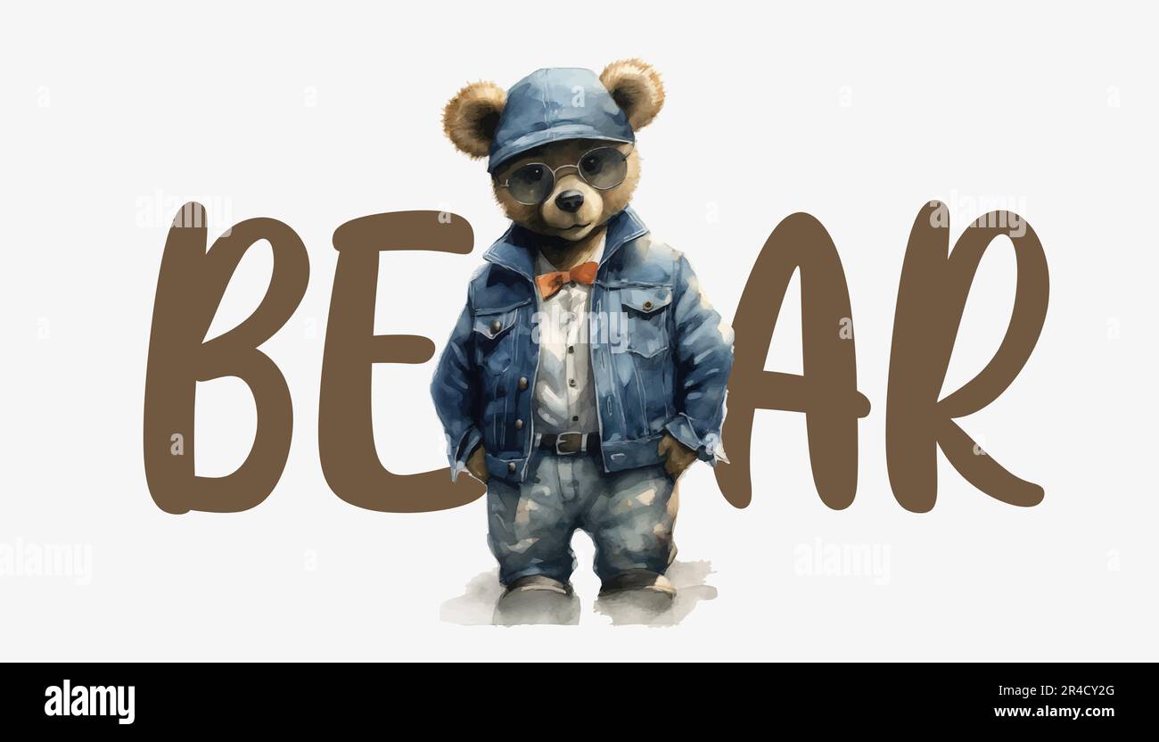 A teddy bear in a denim jacket and sunglasses in the style of