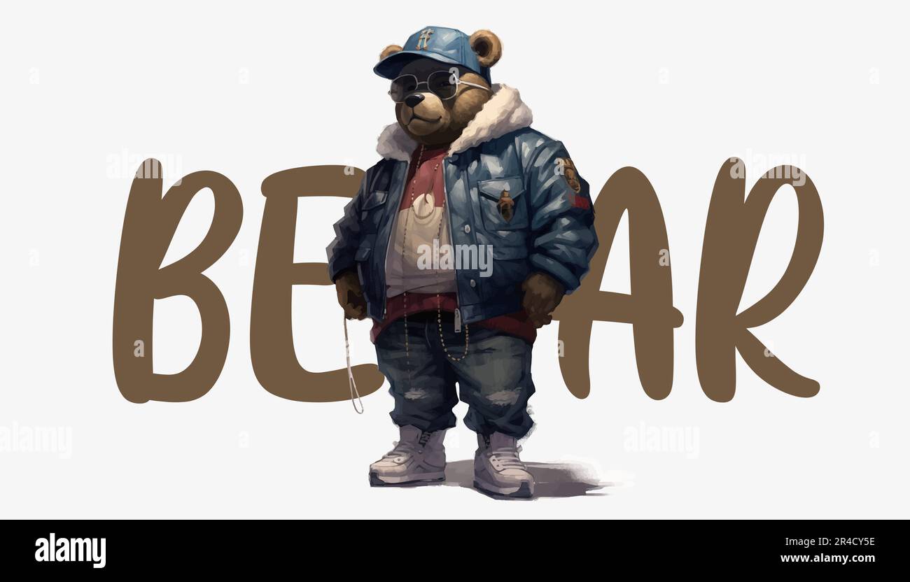 The teddy bear is dressed in a jacket, a baseball cap and glasses ...