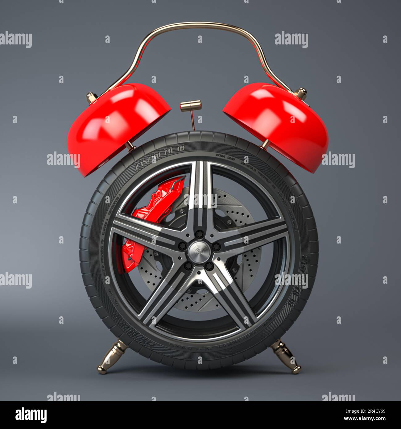 Time to change car tires or wheels. Car wheel  in the form of  alarm clock on grey background. 3d illustration Stock Photo