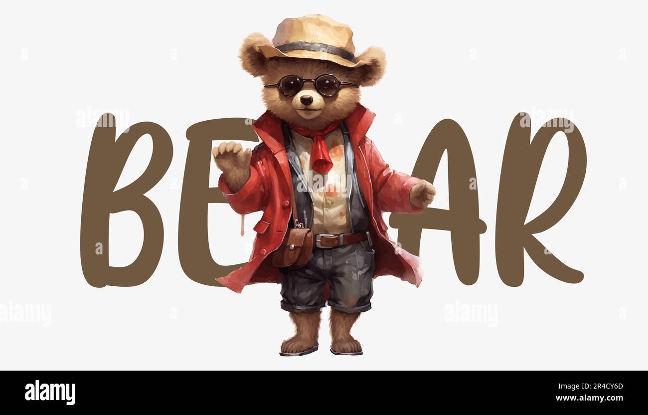 Cute little bear in a trendy hat and sunglasses, street fashion. Vector
