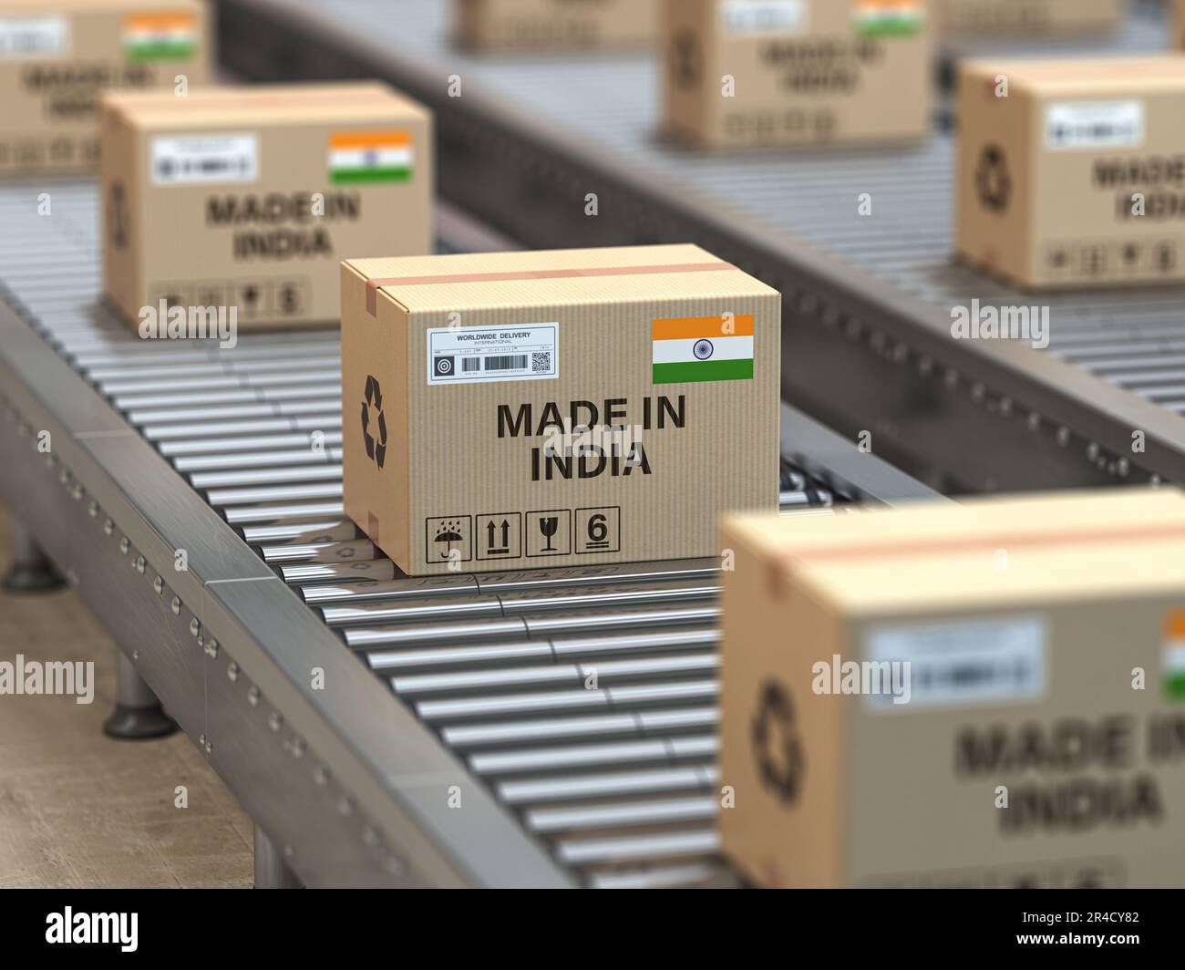 Made in India. Cardboard boxes with text made in India and indian flag