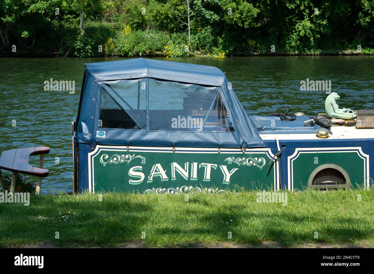 Windsor, Berkshire, UK. 27th May, 23. A moment of zen on board a barge called Sanity moored on the River Thames in Windsor. Credit: Maureen McLean/Alamy Live News Stock Photo