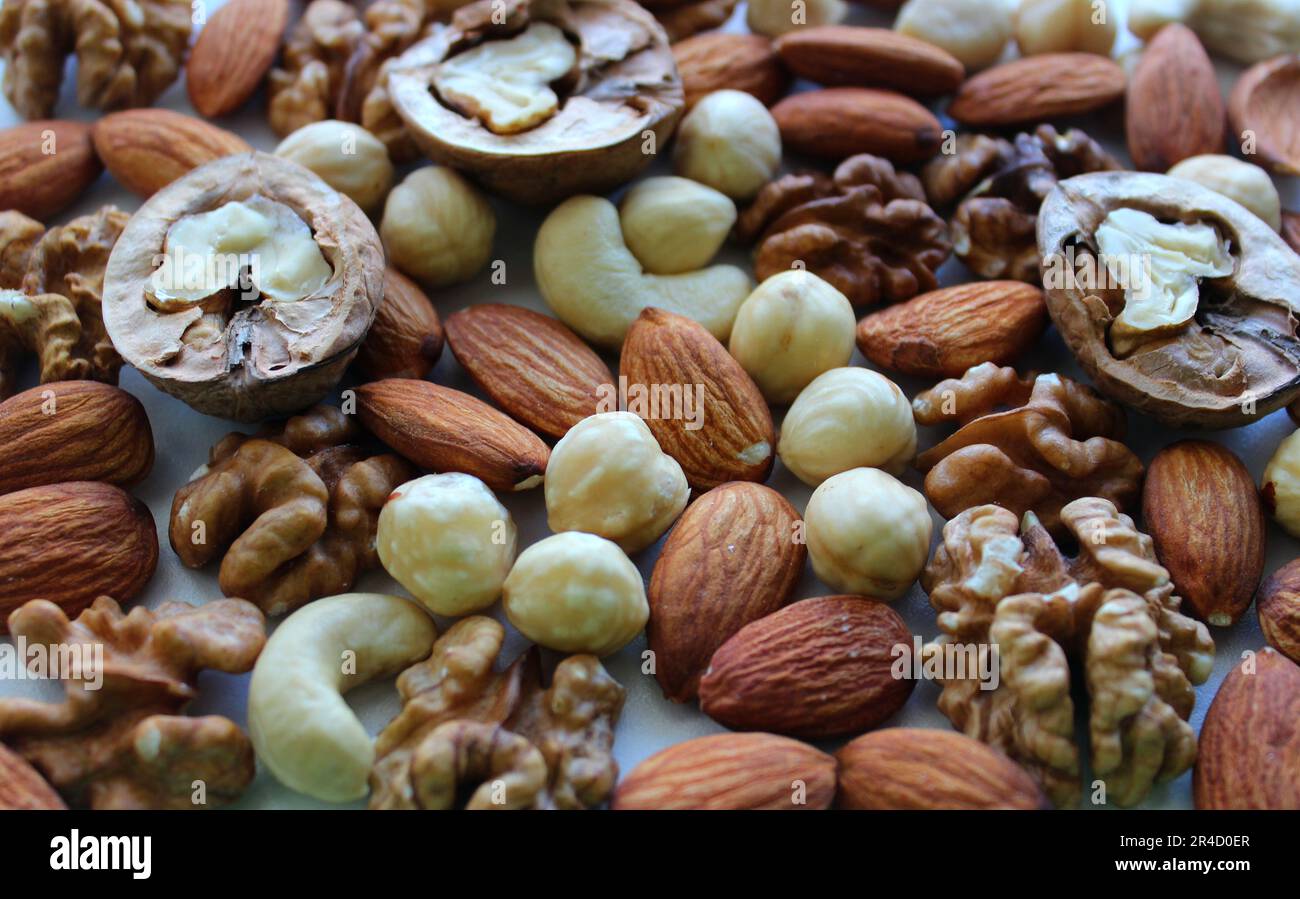 Pattern Of Scattered Almonds, Hazelnuts, Cashew And Walnuts Detailed Stock Photo Stock Photo