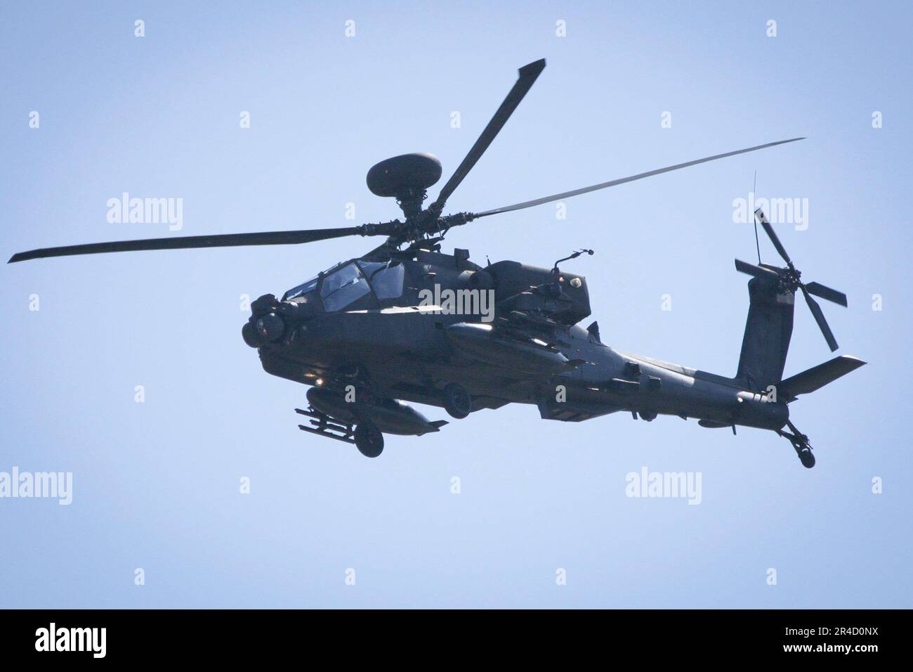 An Apache helicopter is seen flying over an army base in Tapa, Estonia on 20 May, 2023. Estonia is hosting the Spring Storm NATO exercises involving over 13 thousand personnel with US, German, British, French and Polish forces training together with the Estonian Defence Forces (eDF). (Photo by Jaap Arriens / Sipa USA) Stock Photo