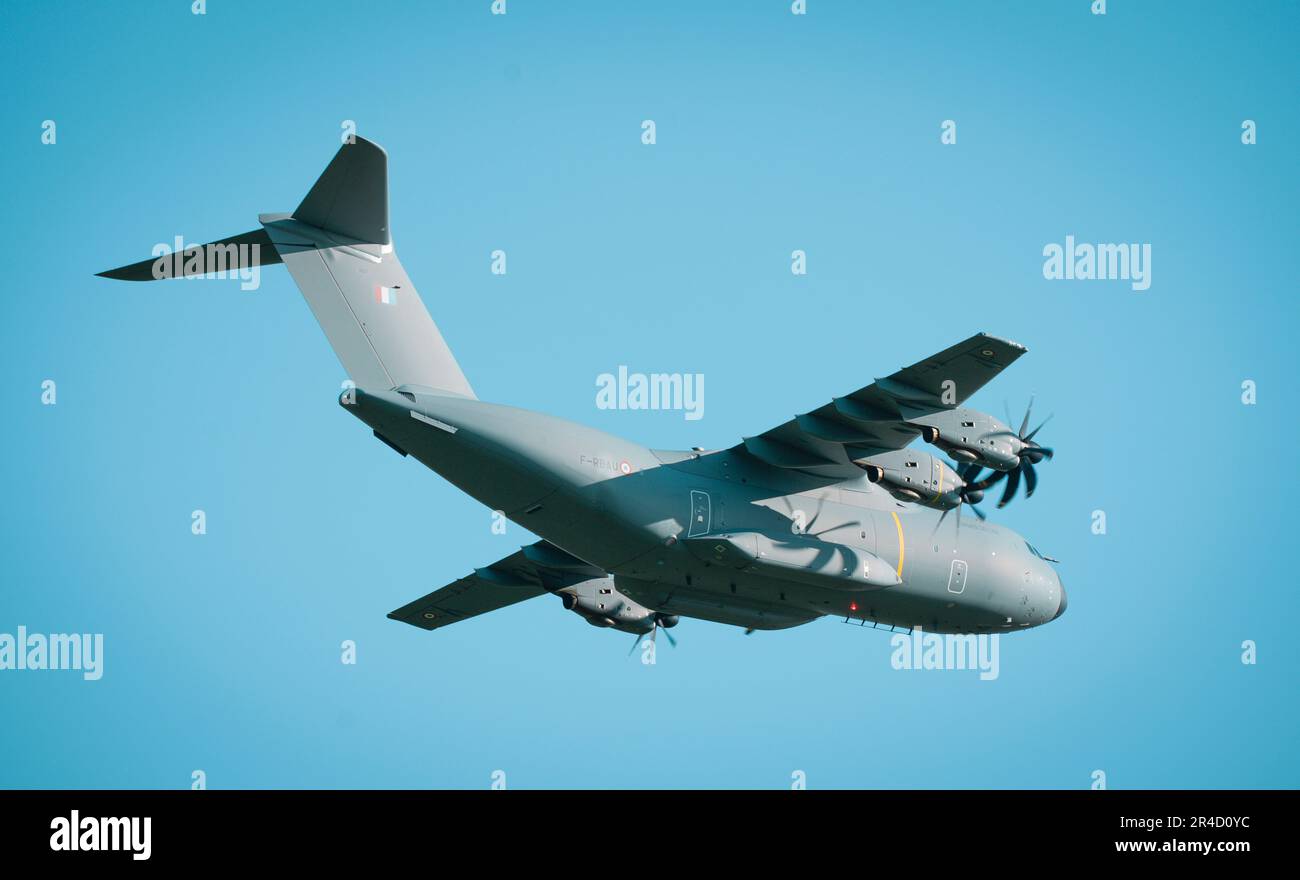 A French Airbus A400M transport aircraft is seen near Viitna, Estonia on 20 May, 2023. Estonia is hosting the Spring Storm NATO exercises involving over 13 thousand personnel with US, German, British, French and Polish forces training together with the Estonian Defence Forces (eDF). (Photo by Jaap Arriens / Sipa USA) Stock Photo