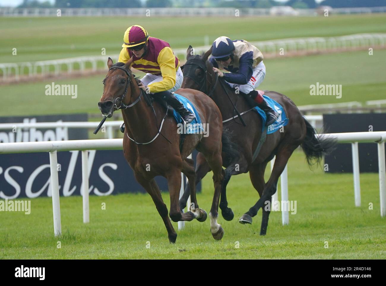 Mashhoor ridden by Ben Coen (left) wins The FBD Hotels and Resorts Orby Stakes at Curragh Racecourse in County Kildare, Ireland. Picture date: Saturday May 27, 2023. Stock Photo