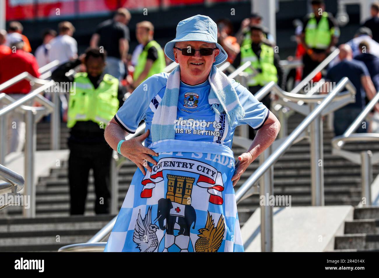 Coventry Fans posing for a photo ahead of the Sky Bet Championship Play-Off Final match Coventry City vs Luton Town at Wembley Stadium, London, United Kingdom, 27th May 2023  (Photo by Gareth Evans/News Images) in London, United Kingdom on 5/24/2023. (Photo by Gareth Evans/News Images/Sipa USA) Stock Photo