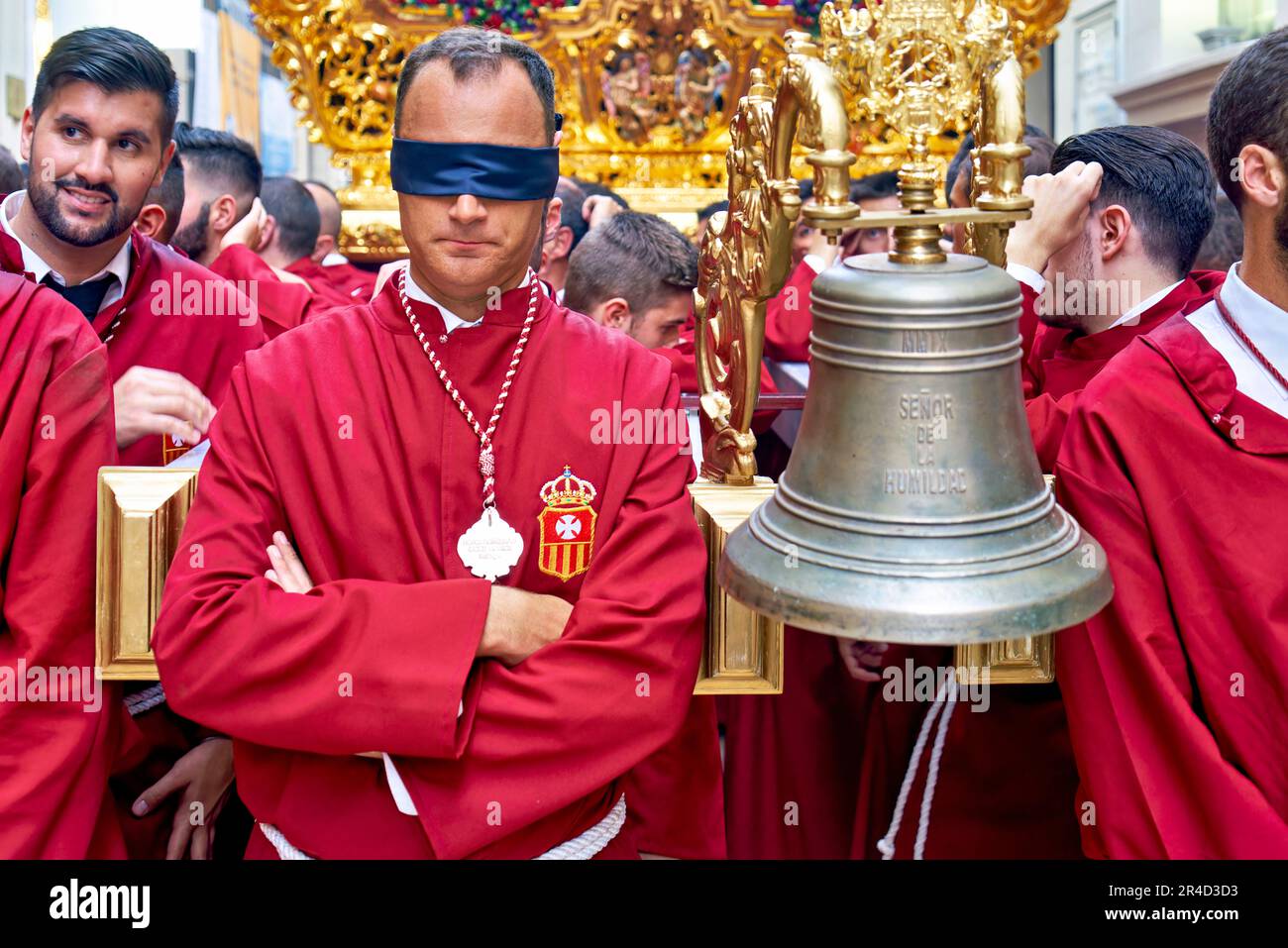 Andalusia Spain. Procession at the Semana Santa (Holy week) in Malaga. Holy statues mounted on floats Stock Photo