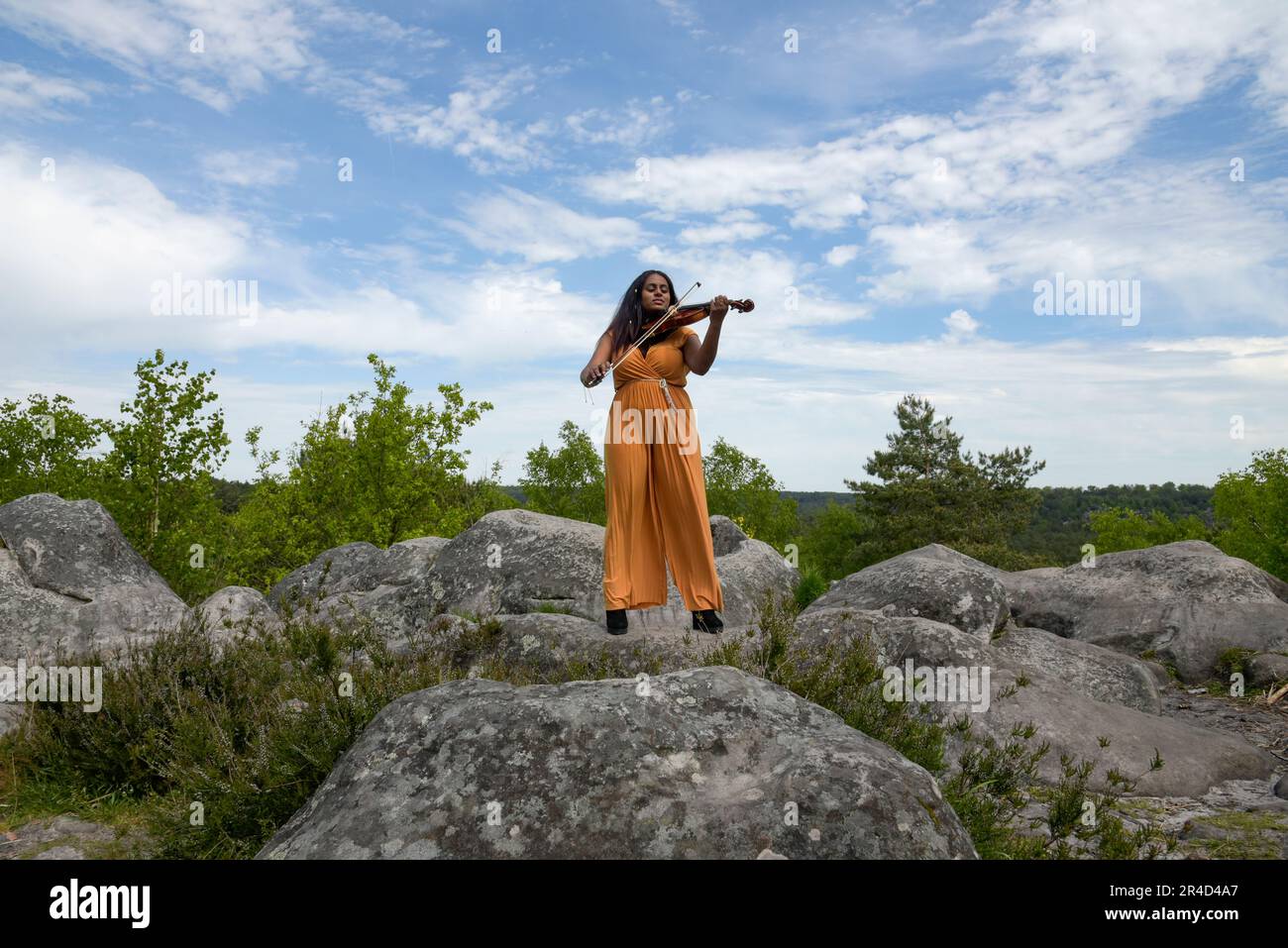 Lovely black woman playing violin in the forest in France Stock Photo ...