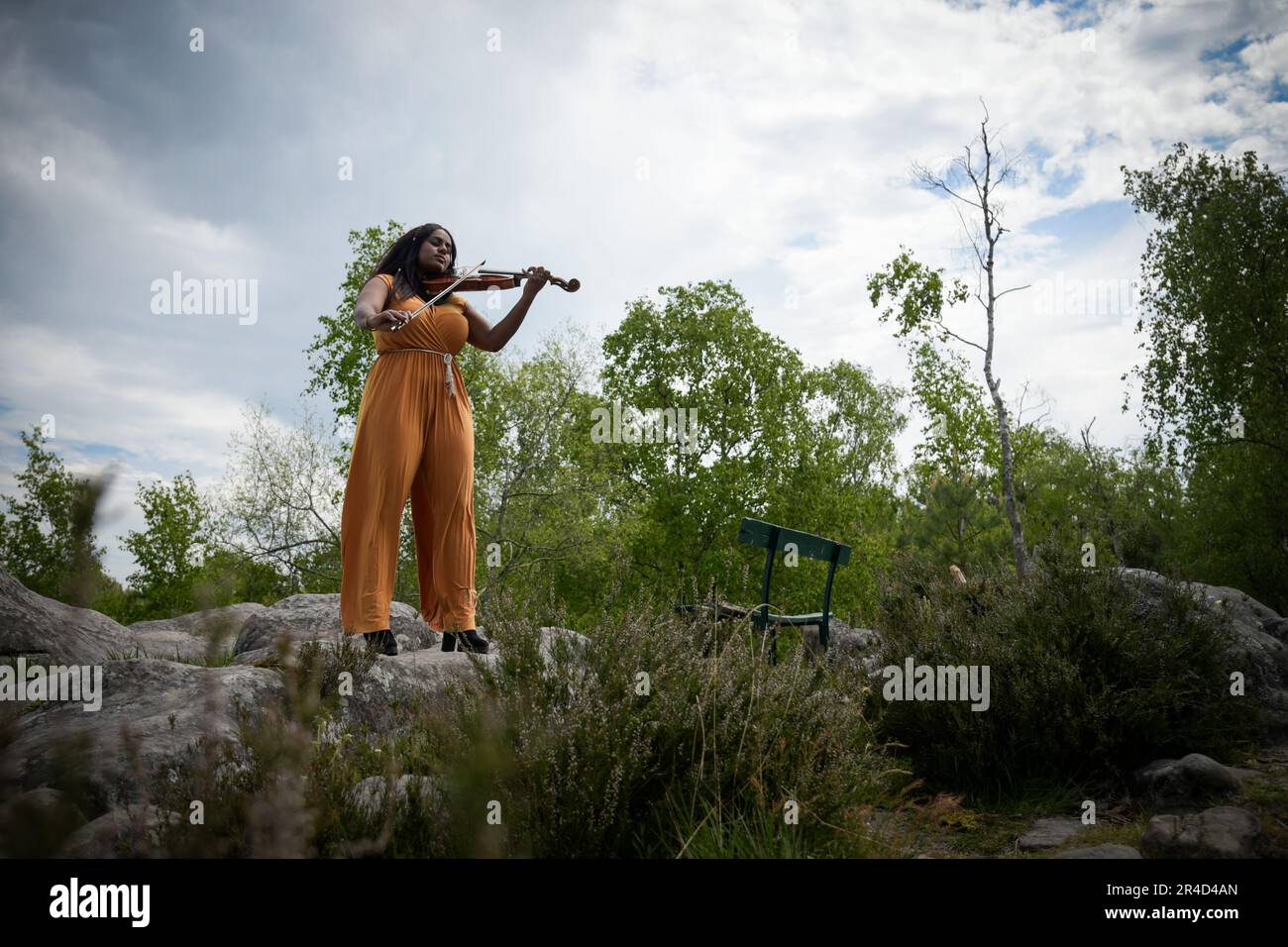 Lovely black woman playing violin in the forest in France Stock Photo ...