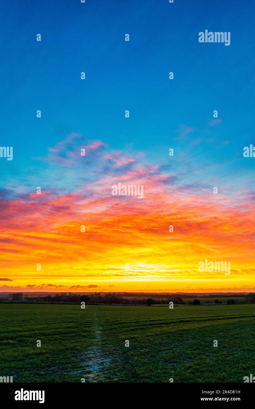 Vivid blue, yellow and red dawn sky over fields and the Kent landscape ...